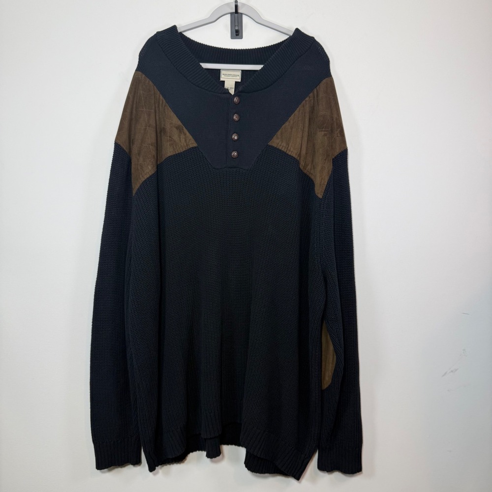 Boulder Creek Henley Sweater Mens 7XL Big Black Suede Patch Knit Cabin Outdoor